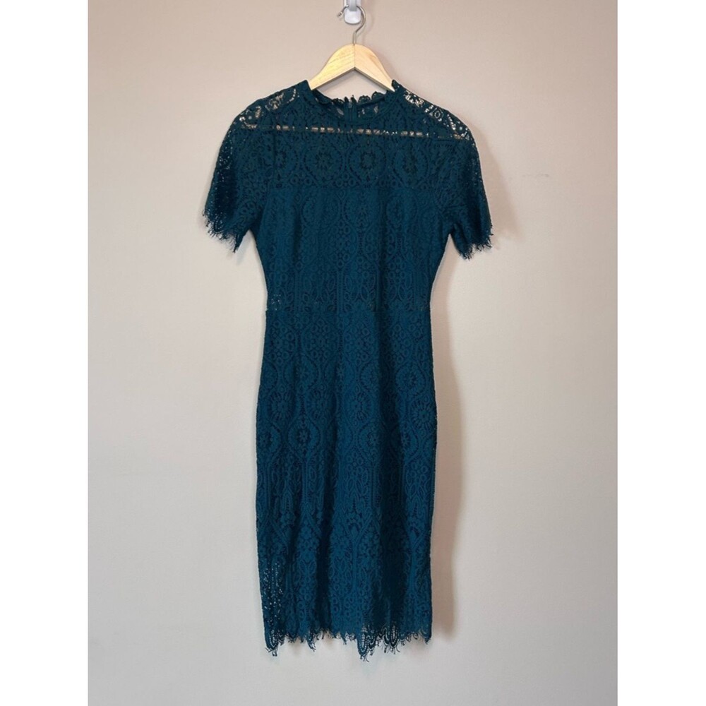 Lulu's Remarkable Forest Green Sheer Lace Short Sleeve Mini Dress Size Medium - Picture 3 of 8